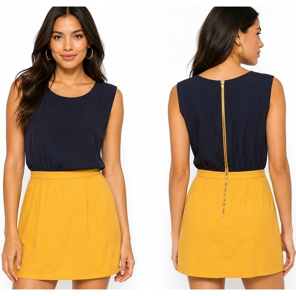Pink Martini Celia Dress XS Navy Mustard Colorblock Pleated Zip Mini Cocktail